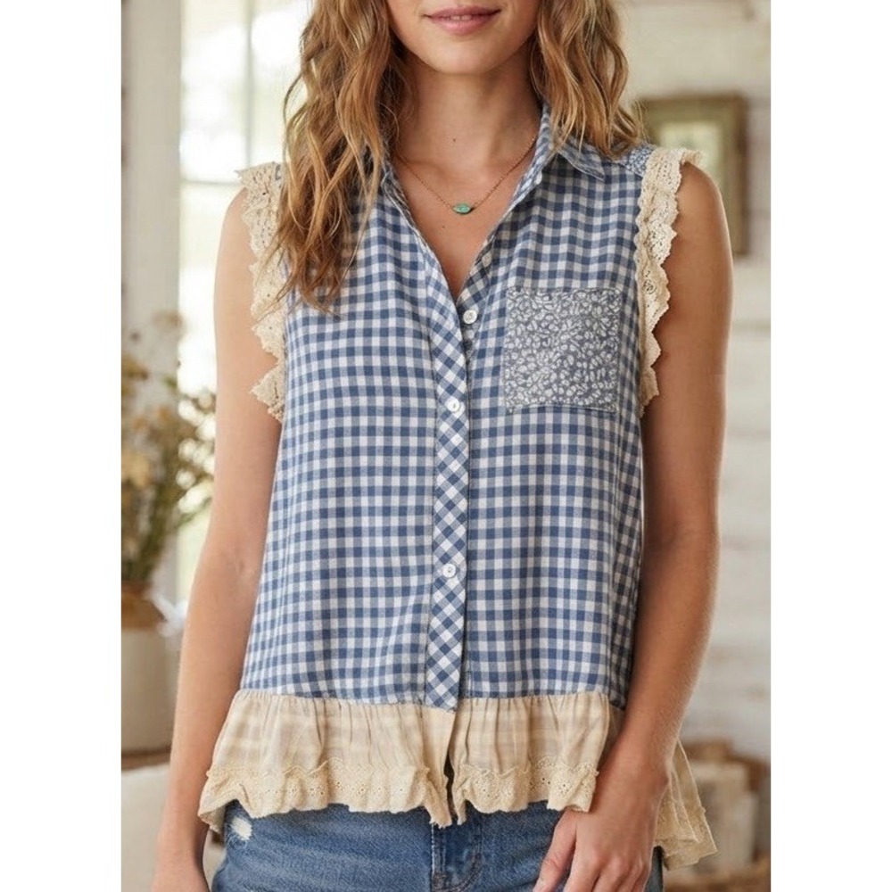 ODDI Tunic Shirt Womens Sz Small Sleeveless Cottage Country Western Prairie